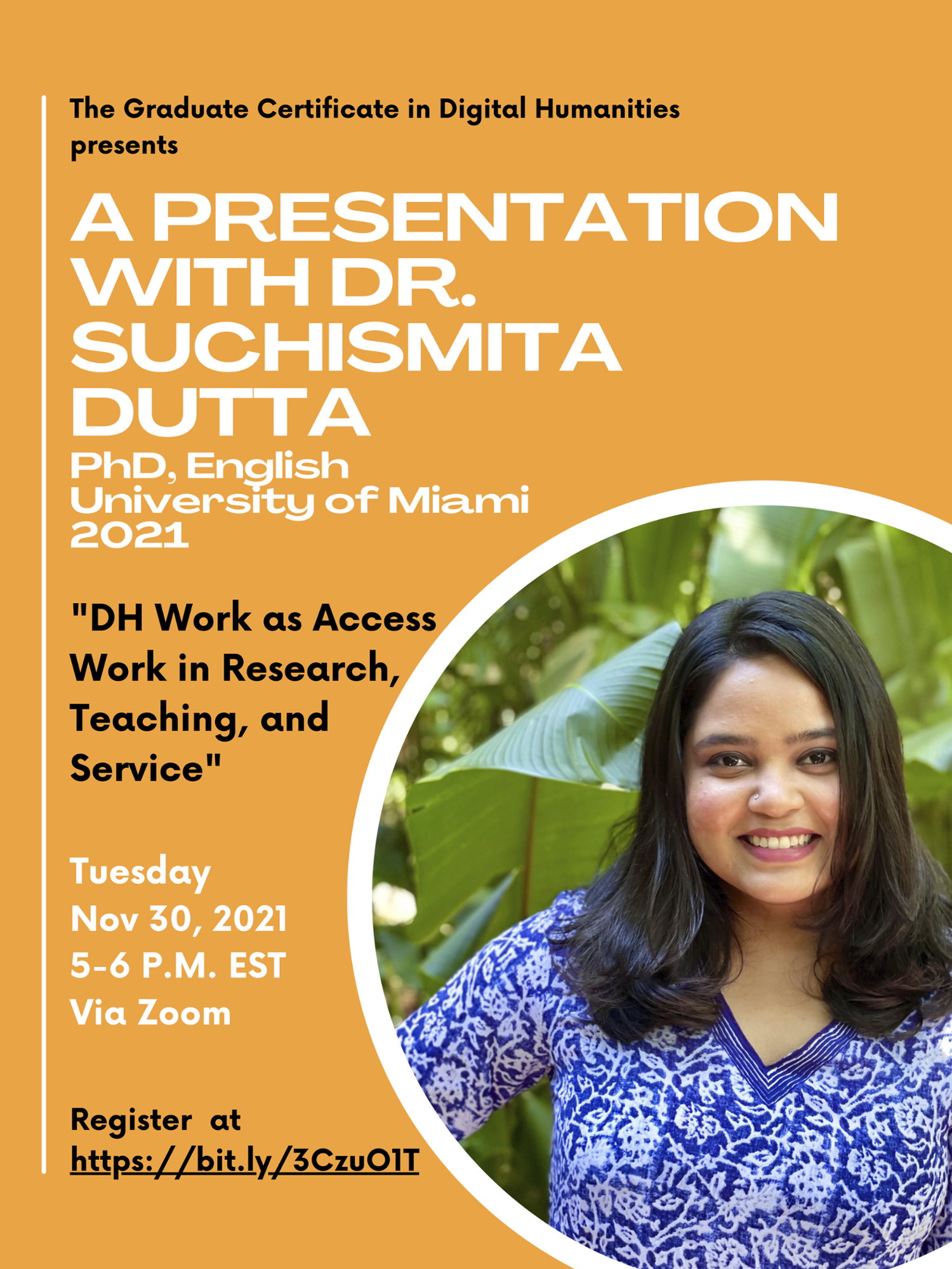 flyer for suchi dutta's portfolio presentation